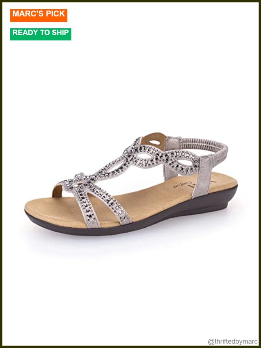 Women's Rhinestone Flat Sandals Open Toe Slip On Elastic Strap Casual Dress